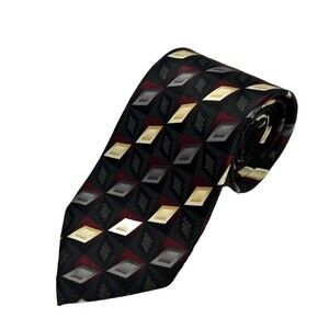 Kilburne & Finch Black Red Gold Geometric Print 100% Silk Mens Necktie L 58 3/4'